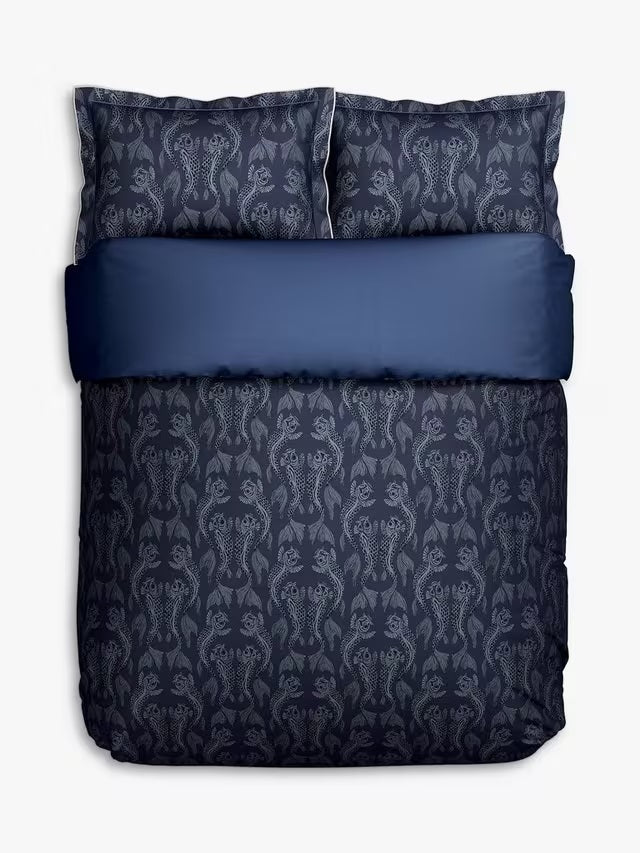 Sanderson Koi Bedding King Size Cotton Blend Duvet Cover Set - Midnight Navy