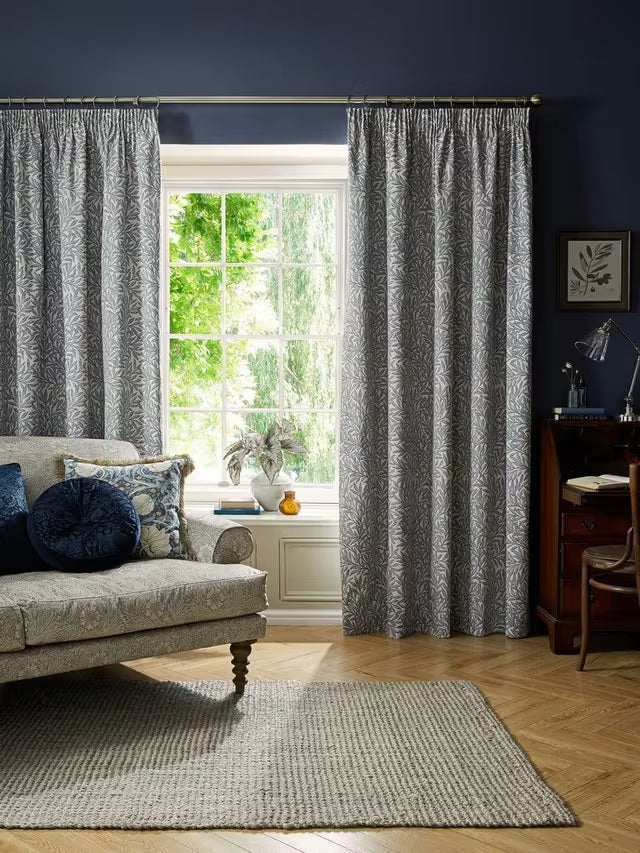 William Morris At Home Willow Blackout Pencil Pleat Curtains 229x183cm Blue - Kazoop 