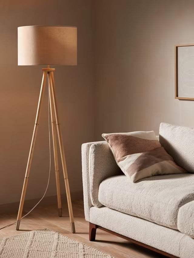 John Lewis Wooden Tripod Linen Blend Shade Freestanding Floor Lamp - Natural