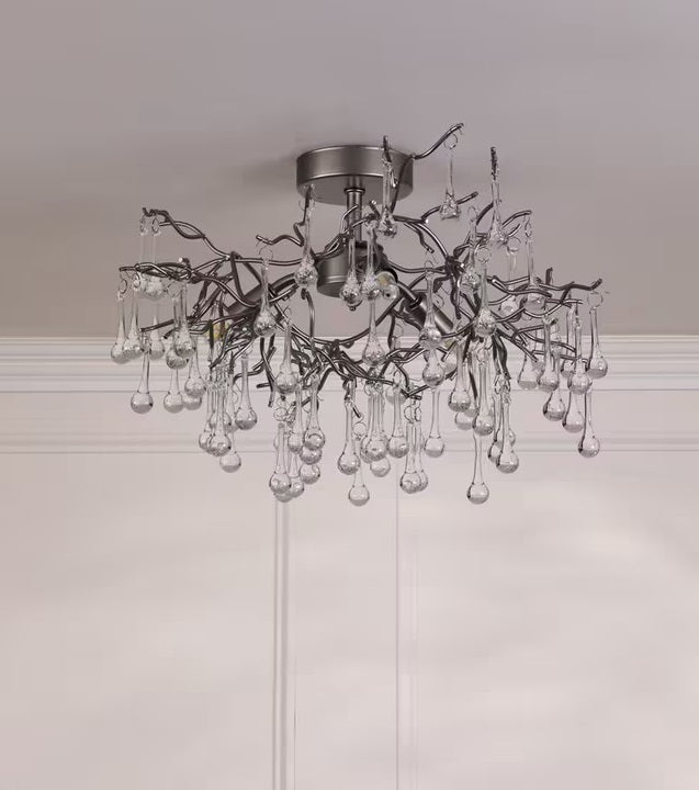 Laura Ashley Willow Crystal Raindrop Semi Flush Ceiling Light - Pewter