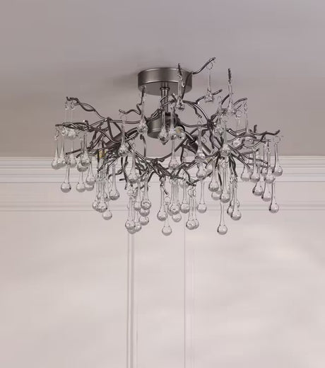 Laura Ashley Willow Crystal Raindrop Semi Flush Ceiling Light - Pewter