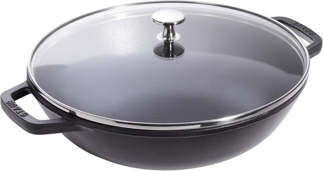 STAUB Cast Iron Wok with Lid Set W30 x D38.5cm Oven Safe - Black Matte - Kazoop 