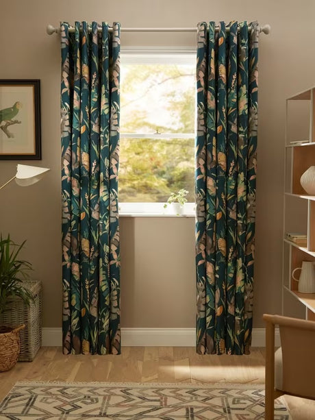 John Lewis Aralia Print Pair Thermal Lined Eyelet Curtains 228x228cm - Teal